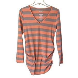 Old Navy Maternity Womens Blouse Orange Tan Stripe Long Sleeve  Ruched size L